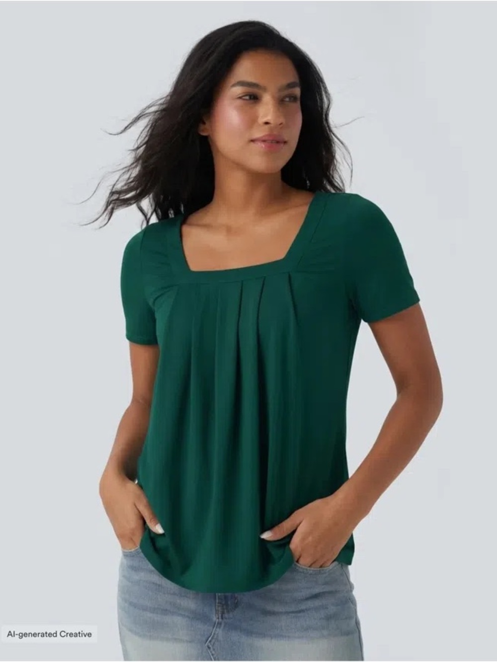 Halara Square Neck Short Sleeve Casual Blouse - Rain Forest